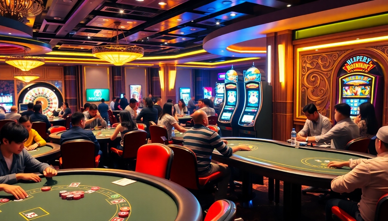 Engaging players in a luxurious casino setting at MM88 COM with vibrant poker tables and roulette wheels.