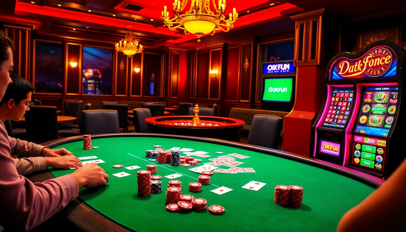 Exciting poker game at a casino featuring the OKFUN link on a vibrant slot machine screen.