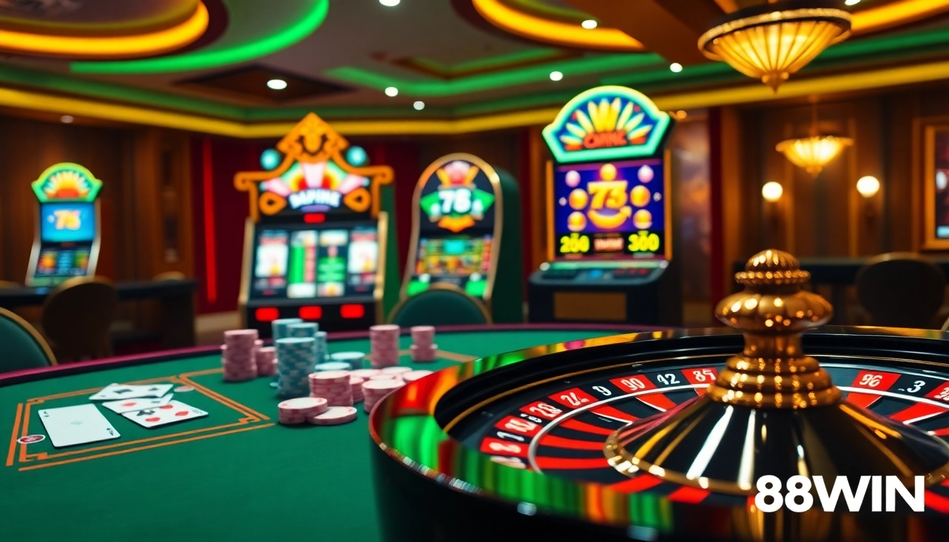 Experience the thrill of gambling with 78WIN at a luxurious casino setting featuring poker tables and vibrant slot machines.