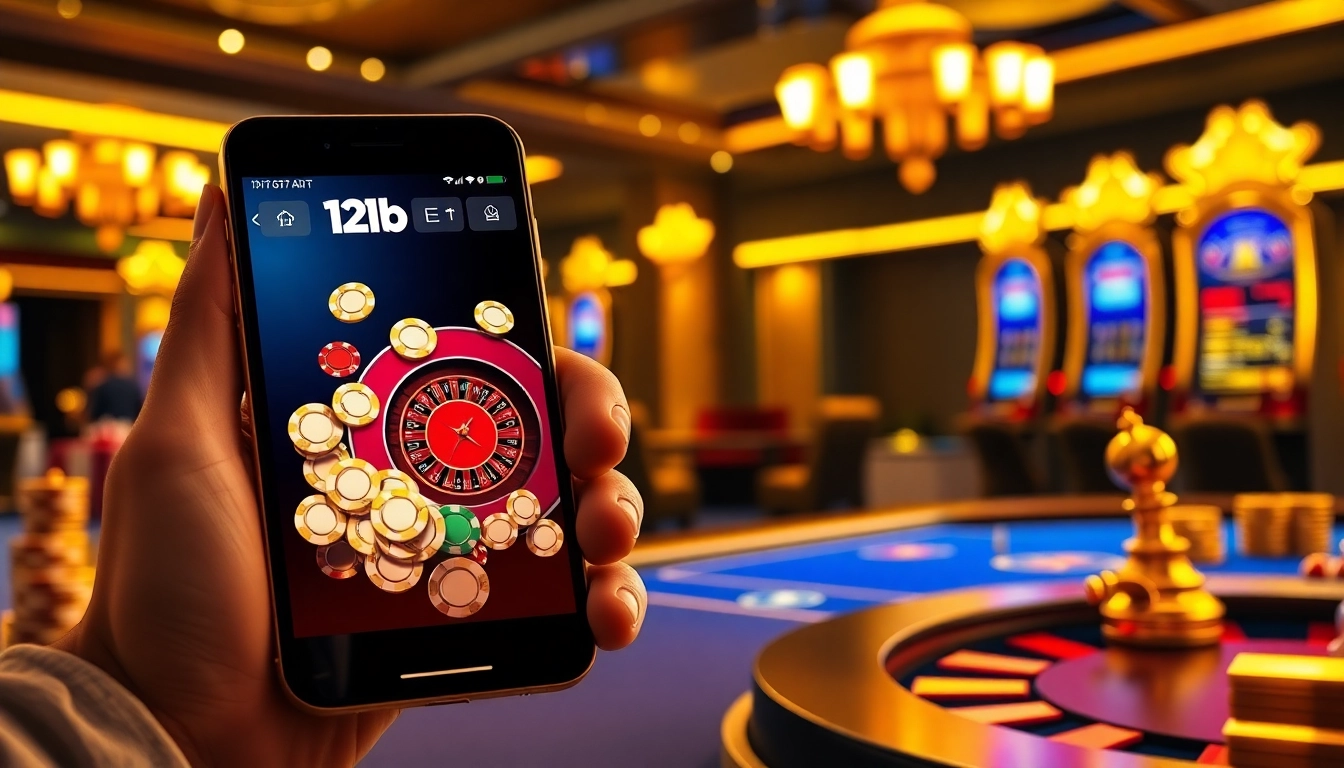 A player engages with 12bet's online games featuring poker chips, a roulette wheel, and slot machines.