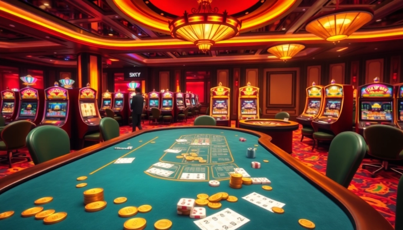 Players participating in a high-stakes game at the sky88 club with poker tables and slot machines.