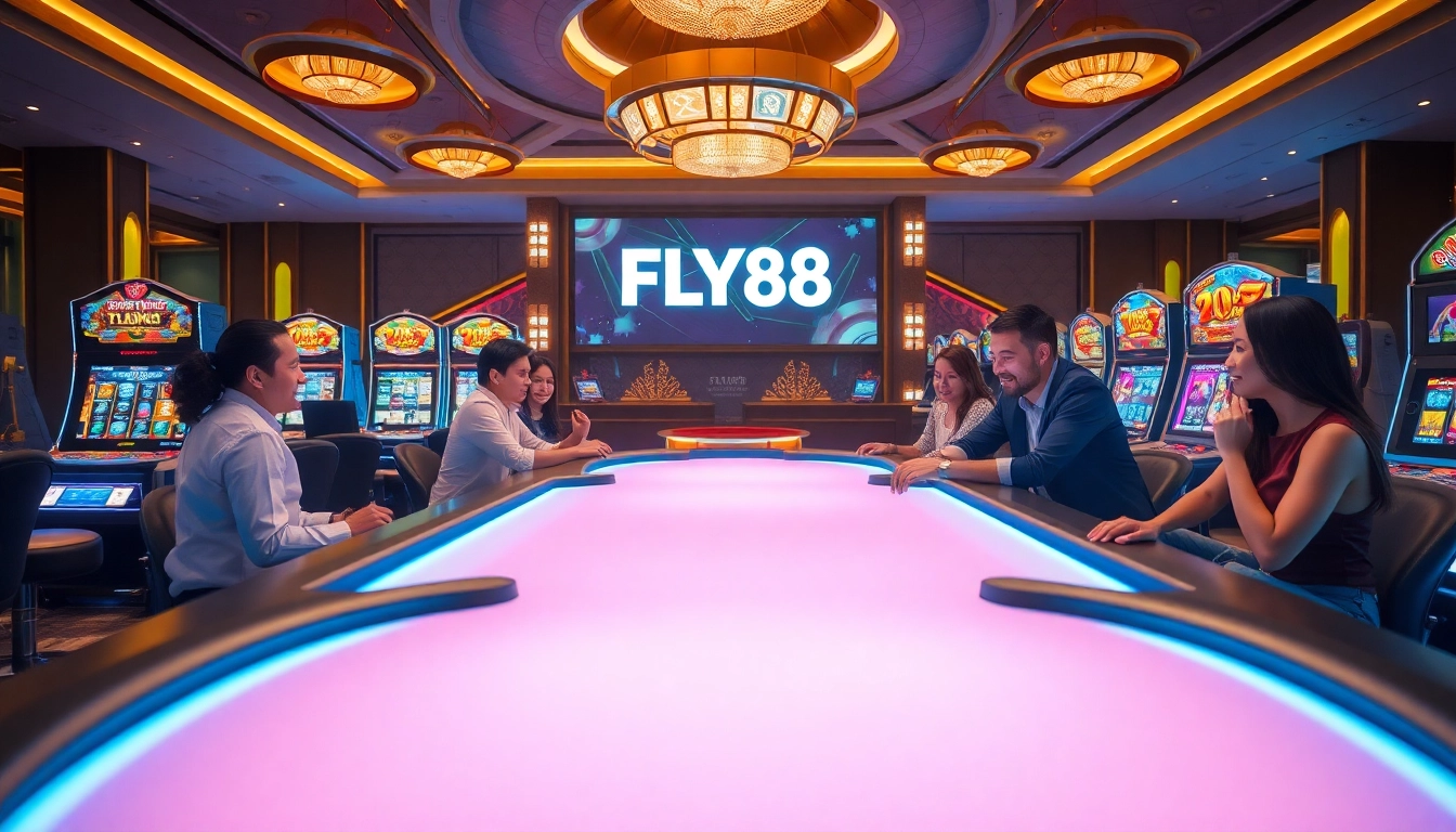 FLY88 logo displayed lavishly at a poker table filled with enthusiastic gamblers enjoying their experience.