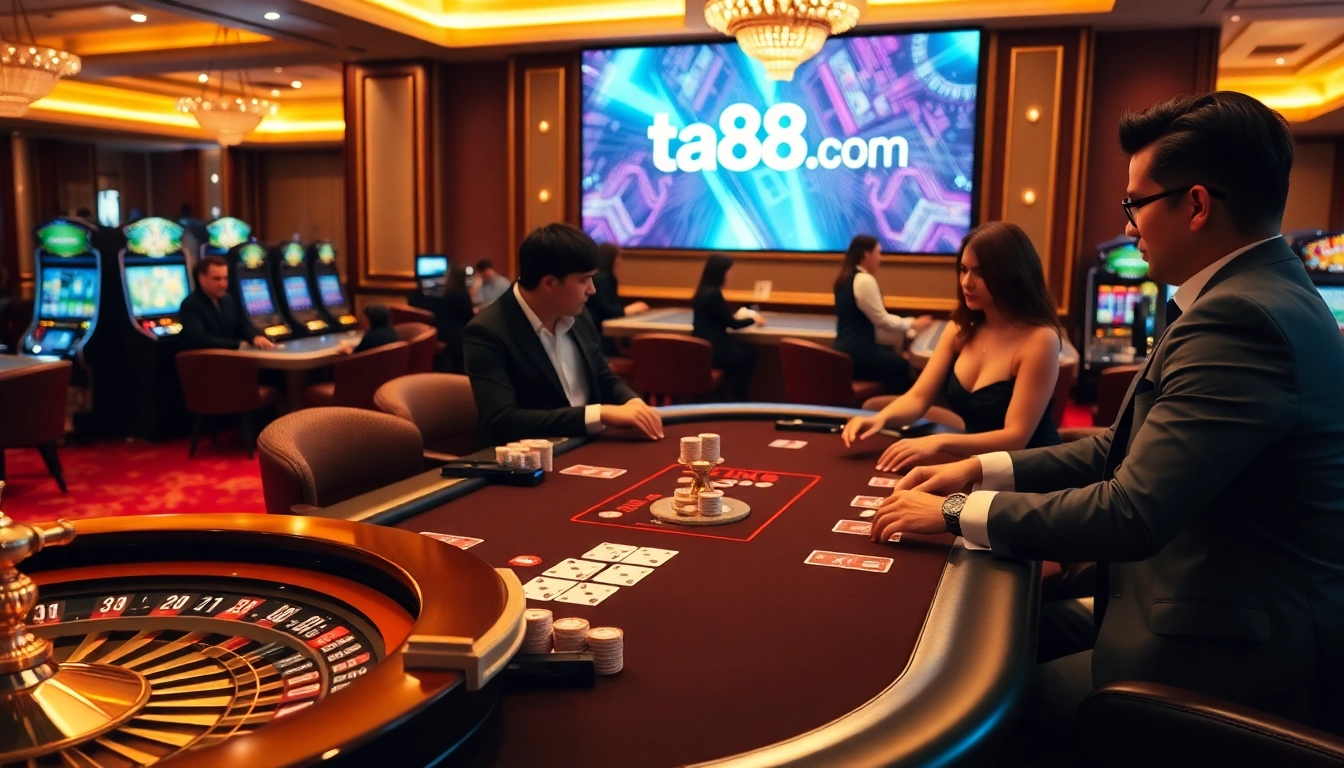 Experience high-stakes gaming at ta88c.com with luxurious poker tables and vibrant roulette wheels.