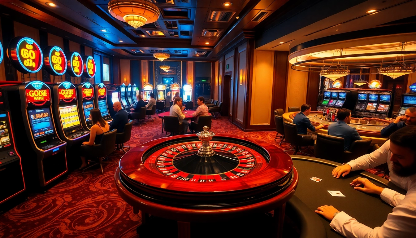 Experience the excitement of GO8 gambling at a luxurious casino filled with roulette wheels and slot machines.