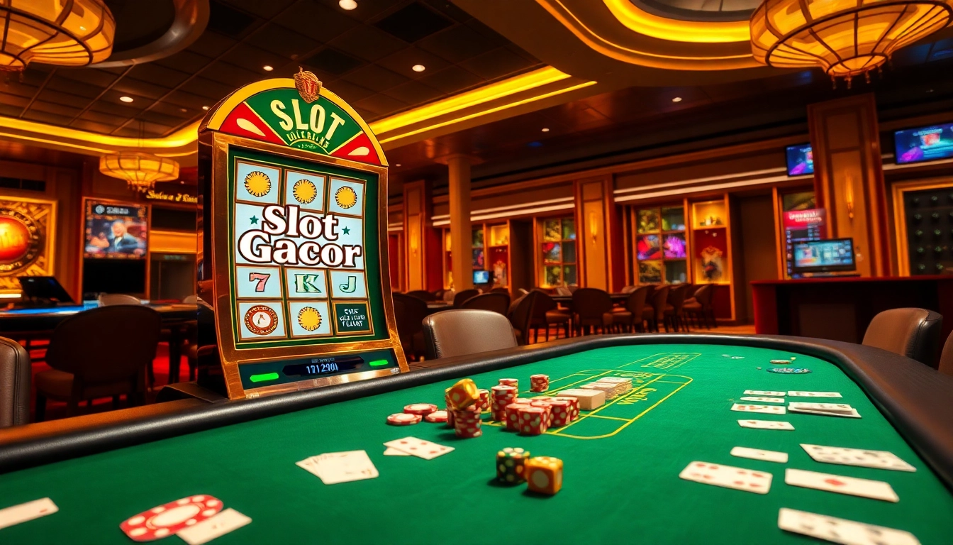 Experience Slot Gacor excitement with a luxurious casino scene featuring vibrant slot machines and winning poker chips.