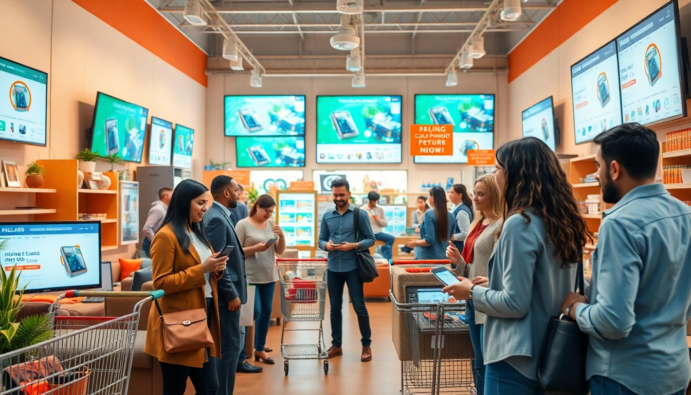 Vibrant online marketplace scene illustrating Hela Add with users buying and selling goods.