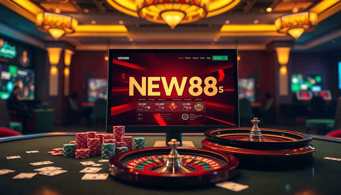 NEW88 đăng nhập interface displayed in a luxurious casino setting with poker chips and cards.