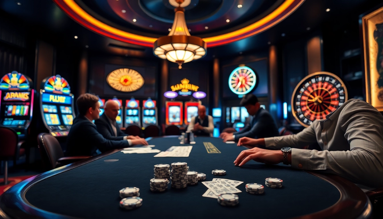 FABET offers thrilling poker action at a luxurious casino table with vibrant ambiance.