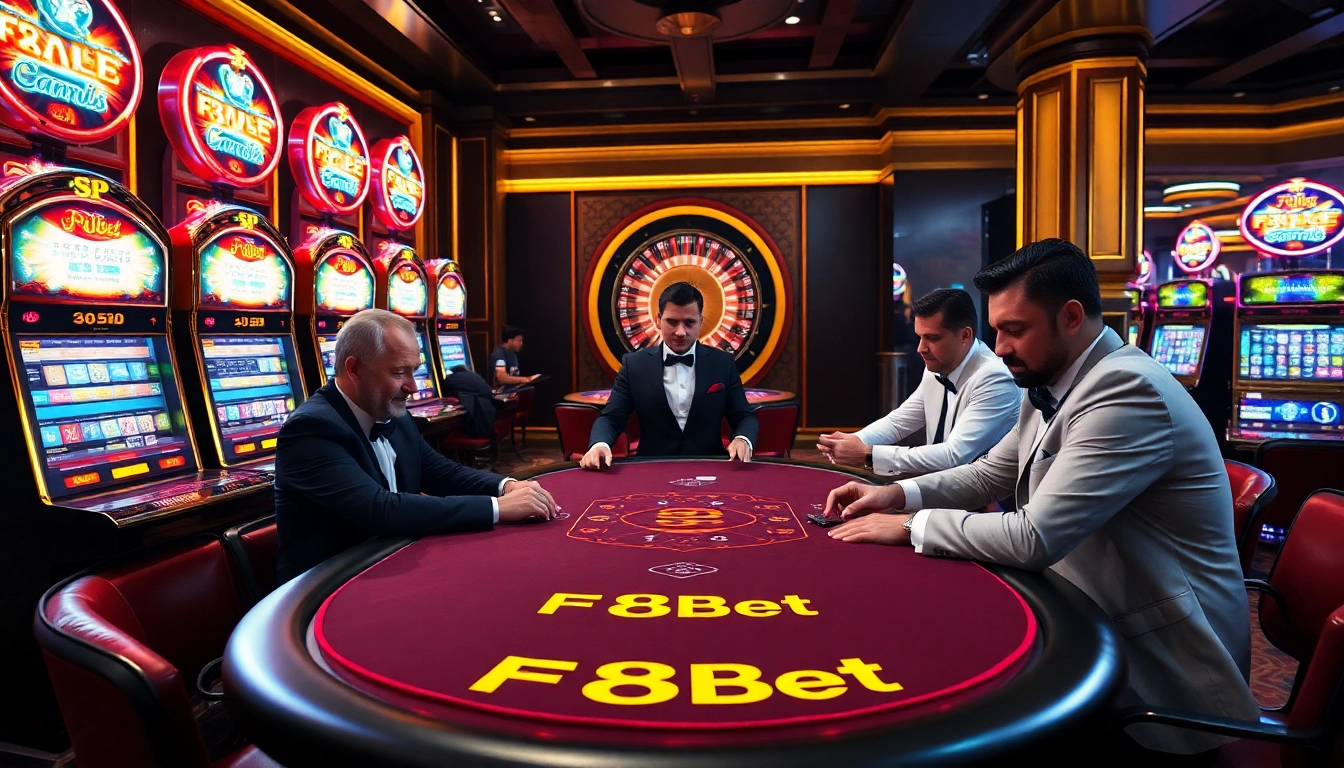 Experience the thrill of F8Bet with professional poker gameplay amidst vibrant casino excitement.