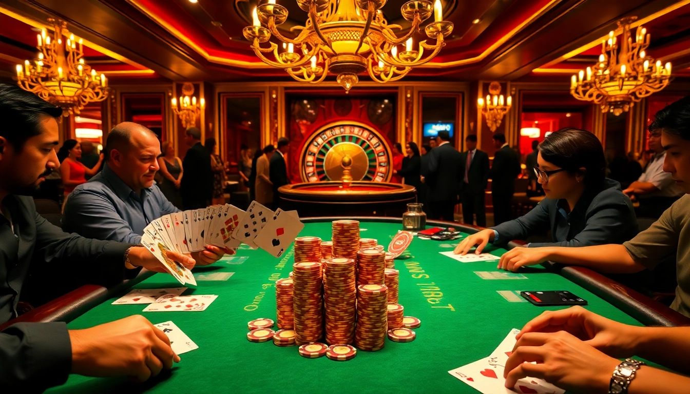 Players strategizing at a poker table in a luxurious casino setting with Ok99 essentials in view.