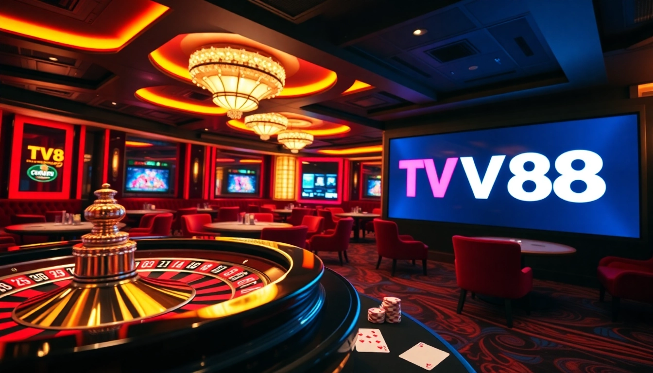 Exciting live gambling scene with luxury elements and TV88 branding.