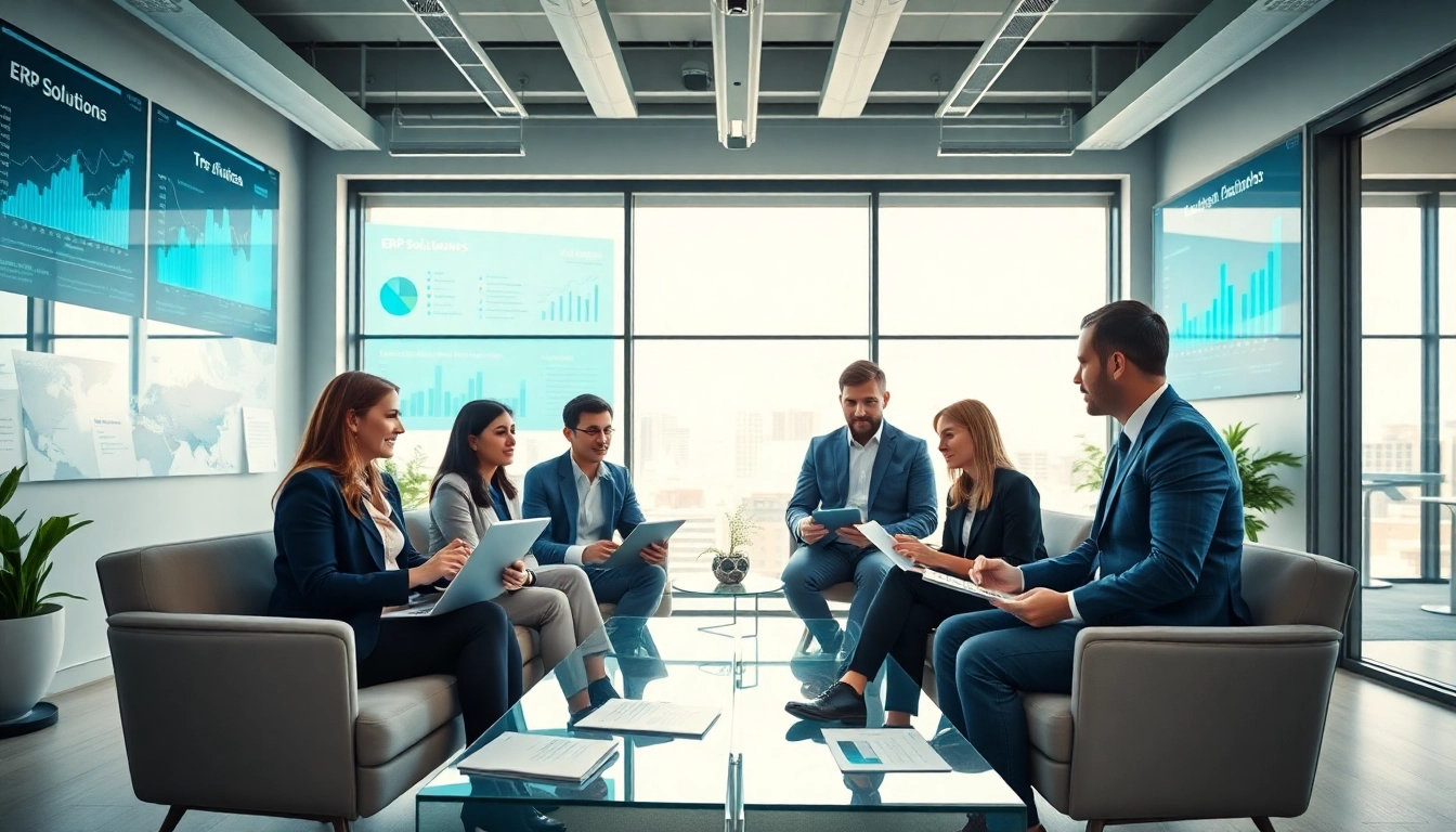 Business professionals collaborating on ERP yazılım solutions in a modern office setting.