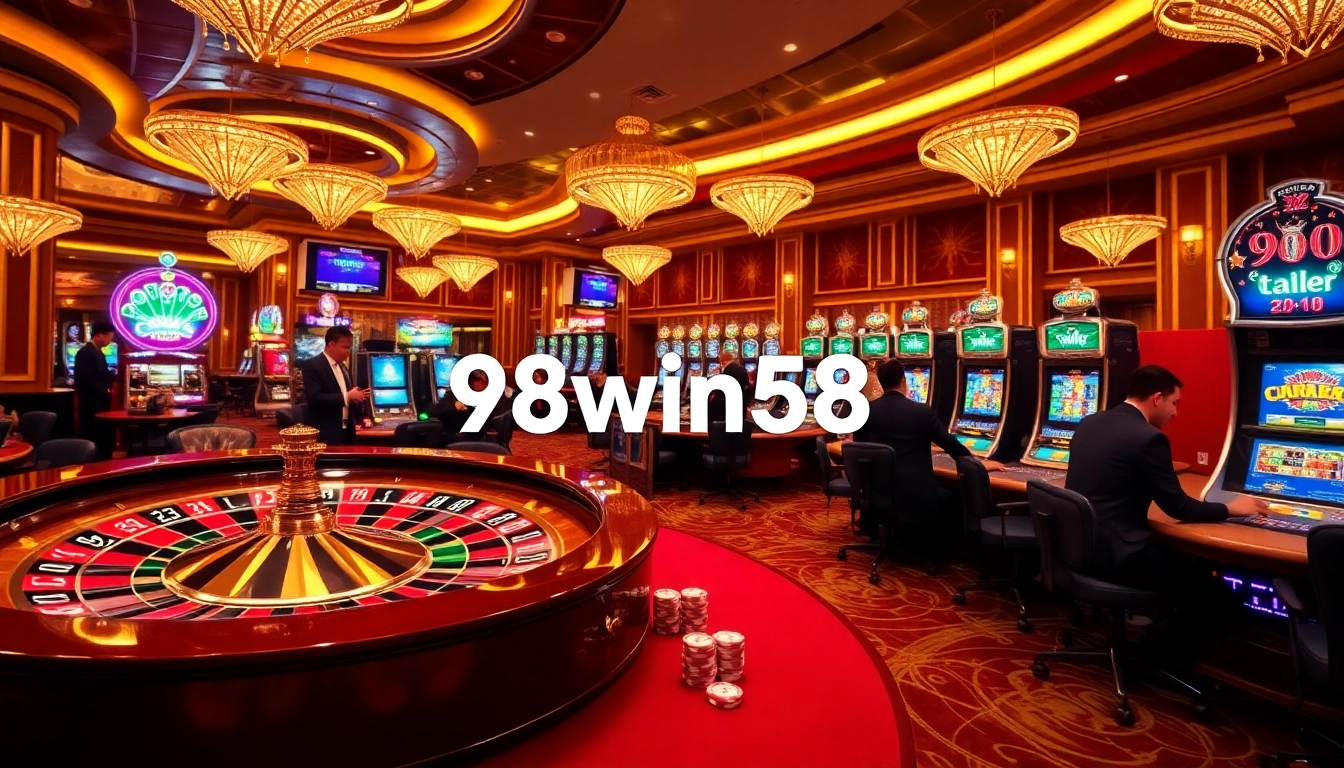 Players enjoying thrilling games at 98win58 casino with poker chips and roulette wheel.