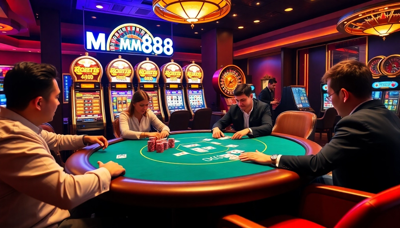 The excitement of online gambling at https://mm88.forex/ with players enjoying poker and vibrant slot machines.
