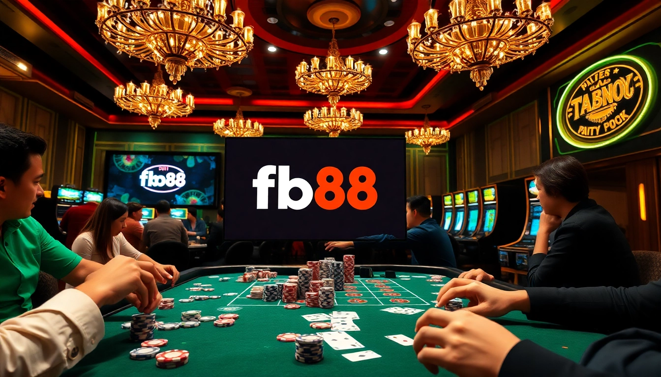 Gamblers engaging in an exciting game at FB88 casino with vibrant tables and dynamic gameplay.