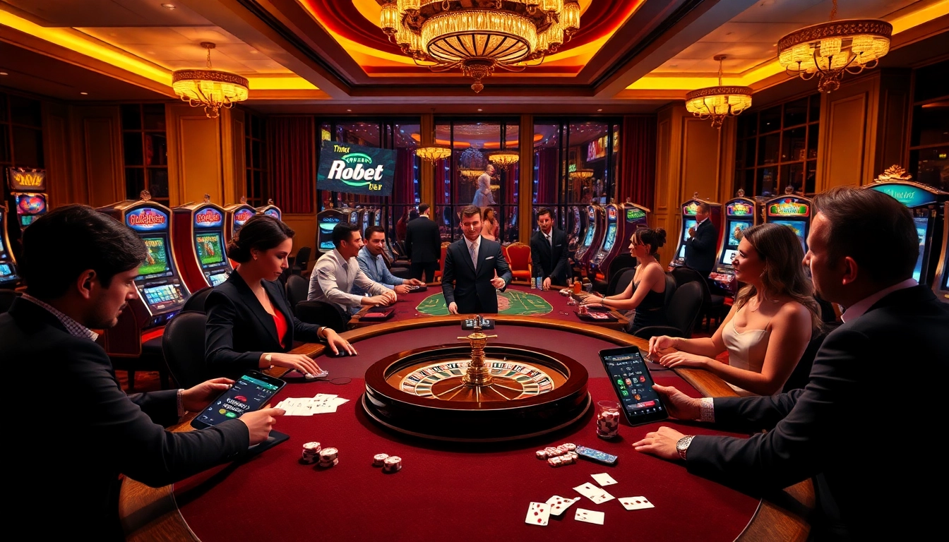 Engaged players enjoying gambling action at https://thabet.vegas/ with poker chips and roulette in a luxurious casino.