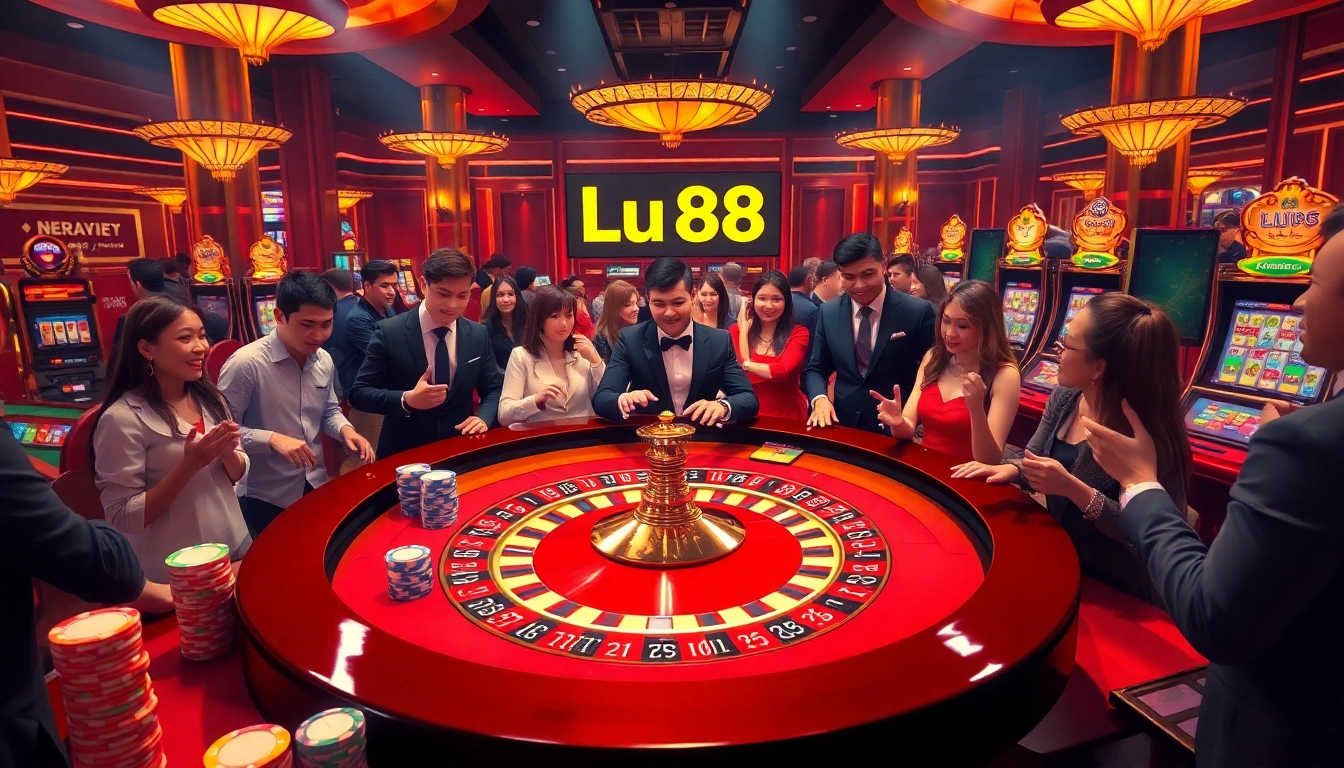 Experience the thrilling casino atmosphere at Lu88 with vibrant gaming tables and excited players.