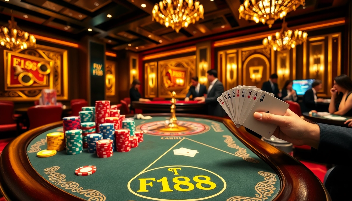 Experience thrilling gameplay at F168's luxurious casino table with vibrant chips and winning cards.