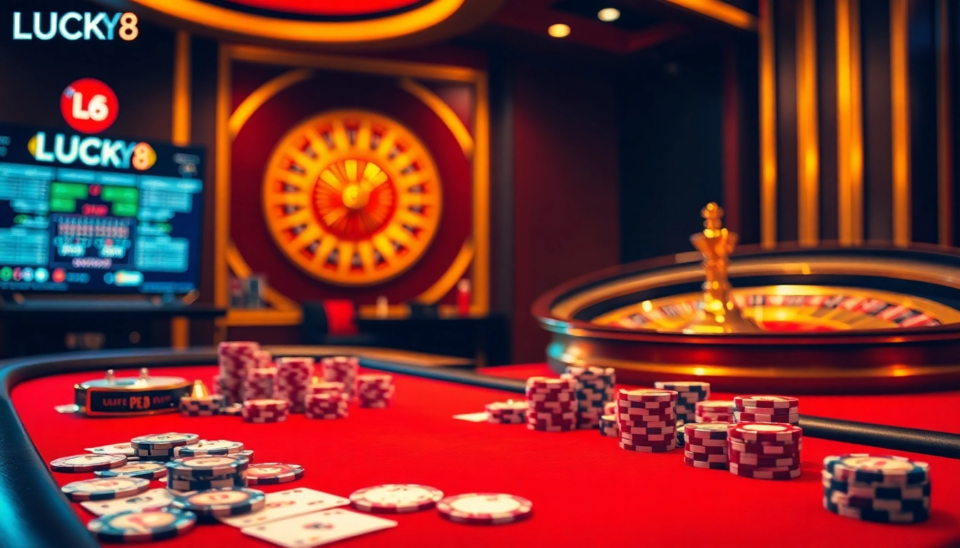 Tham gia niềm phấn khích tại LUCK8 ở một casino sang trọng với các bàn poker sống động và bánh xe roulette.
