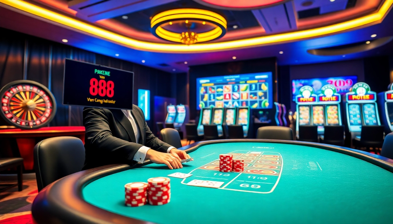 Experience the excitement of BJ 88 with poker chips and a vibrant online casino atmosphere.