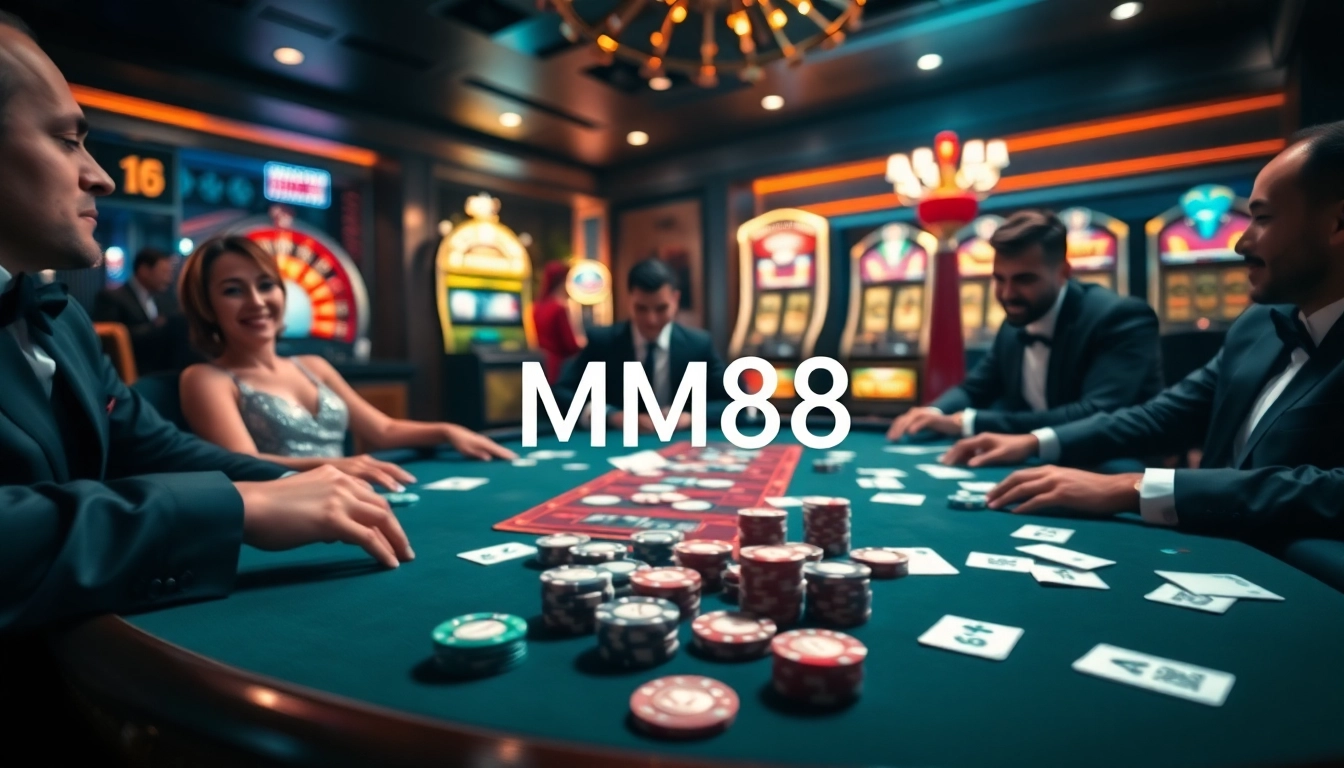 MM88 gambling scene with poker players and roulette wheel, showcasing a luxurious casino experience.