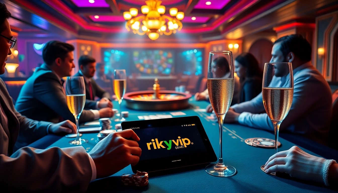 Players engage in high-stakes poker while showcasing rikvip.gb.net on a tablet, embodying luxury and excitement.