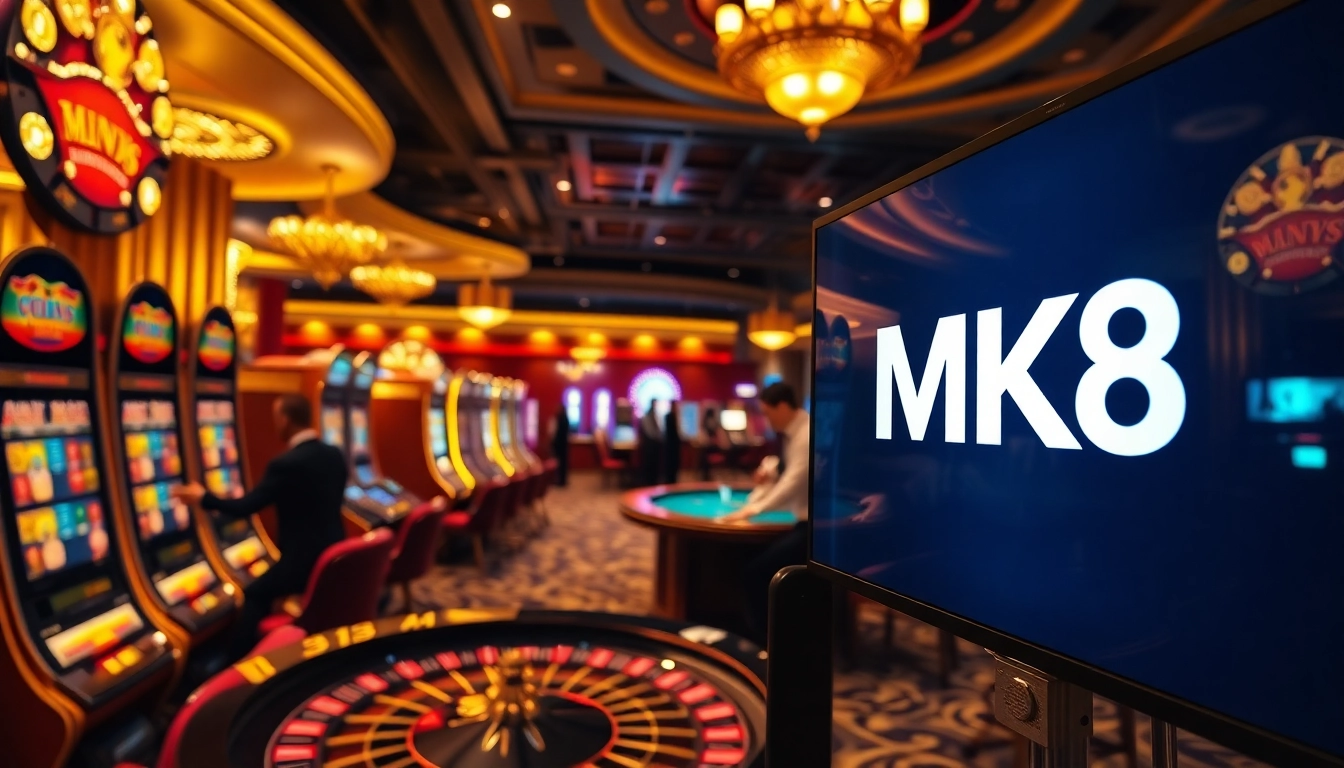 Experience the excitement of MK8 with immersive casino gaming scenes featuring roulette and slot machines.