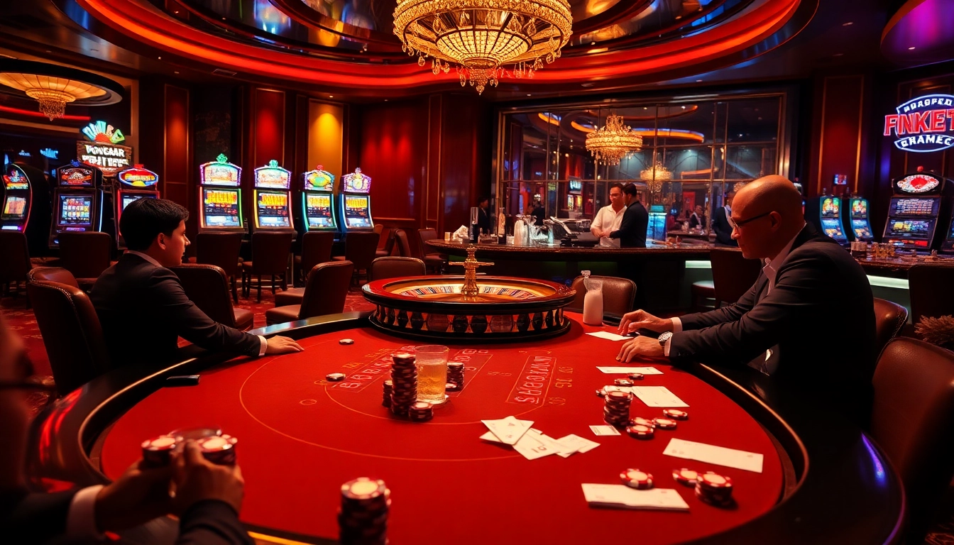 Engaging high-stakes poker game at Bet88 with vibrant slot machines, reflecting Keonhacai Bet88 excitement.