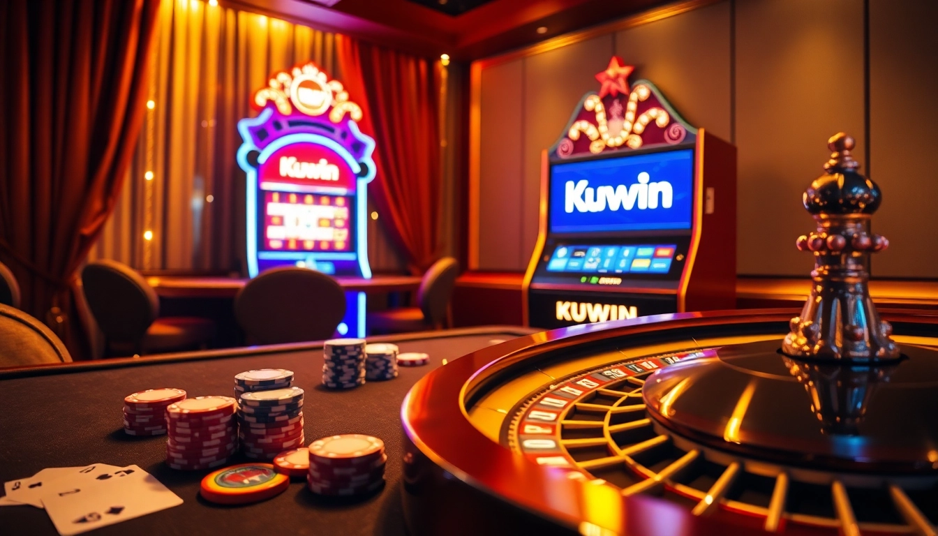 Kuwin online casino scene with vibrant gaming tables, poker chips, and roulette wheel.