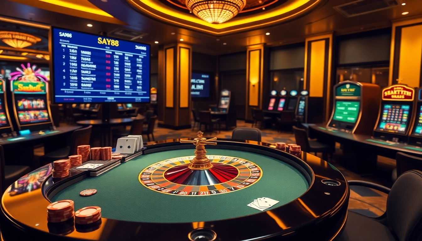 SAY88 online poker table with vibrant chips and live betting display.