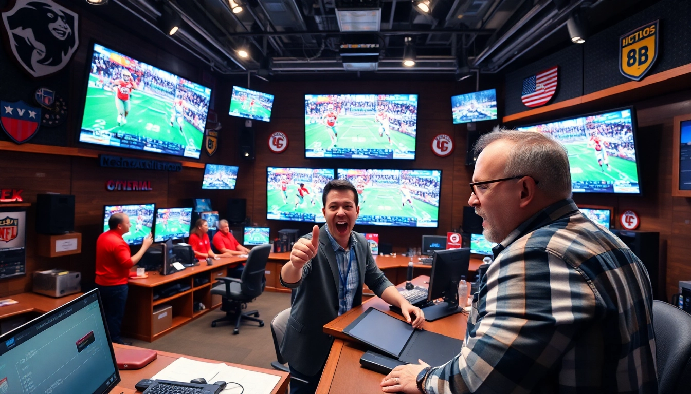 Engaging sports broadcasting scene with colorful screens and an enthusiastic commentator.