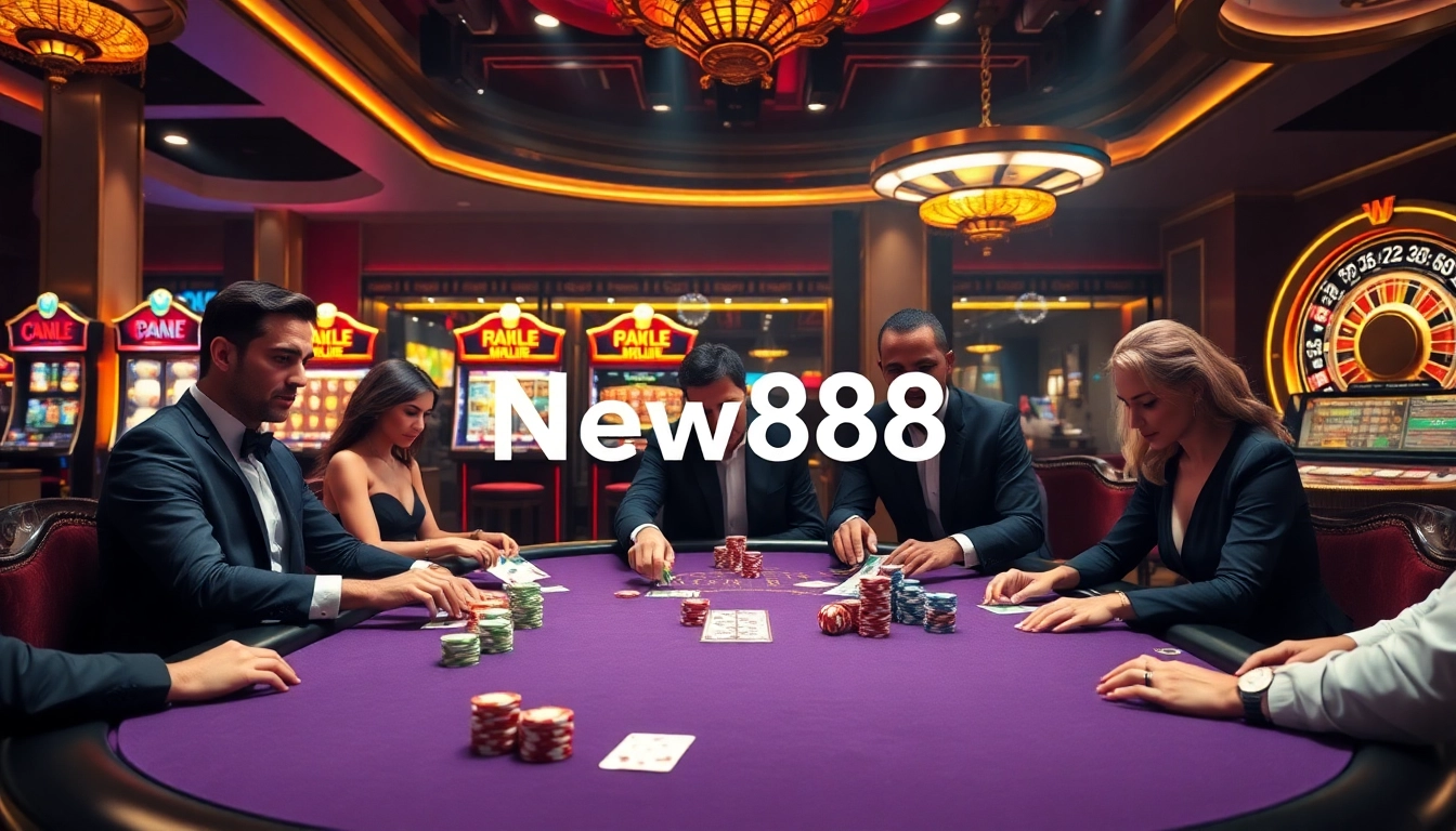 Experience the thrill of New888 at a luxurious casino poker table with vibrant gameplay.
