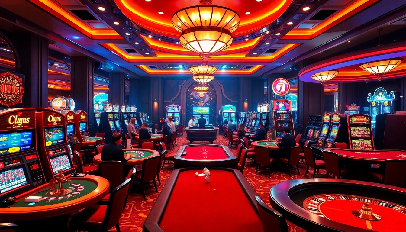 Engaging atmosphere at luckywin882 casino with players at vibrant tables and slot machines