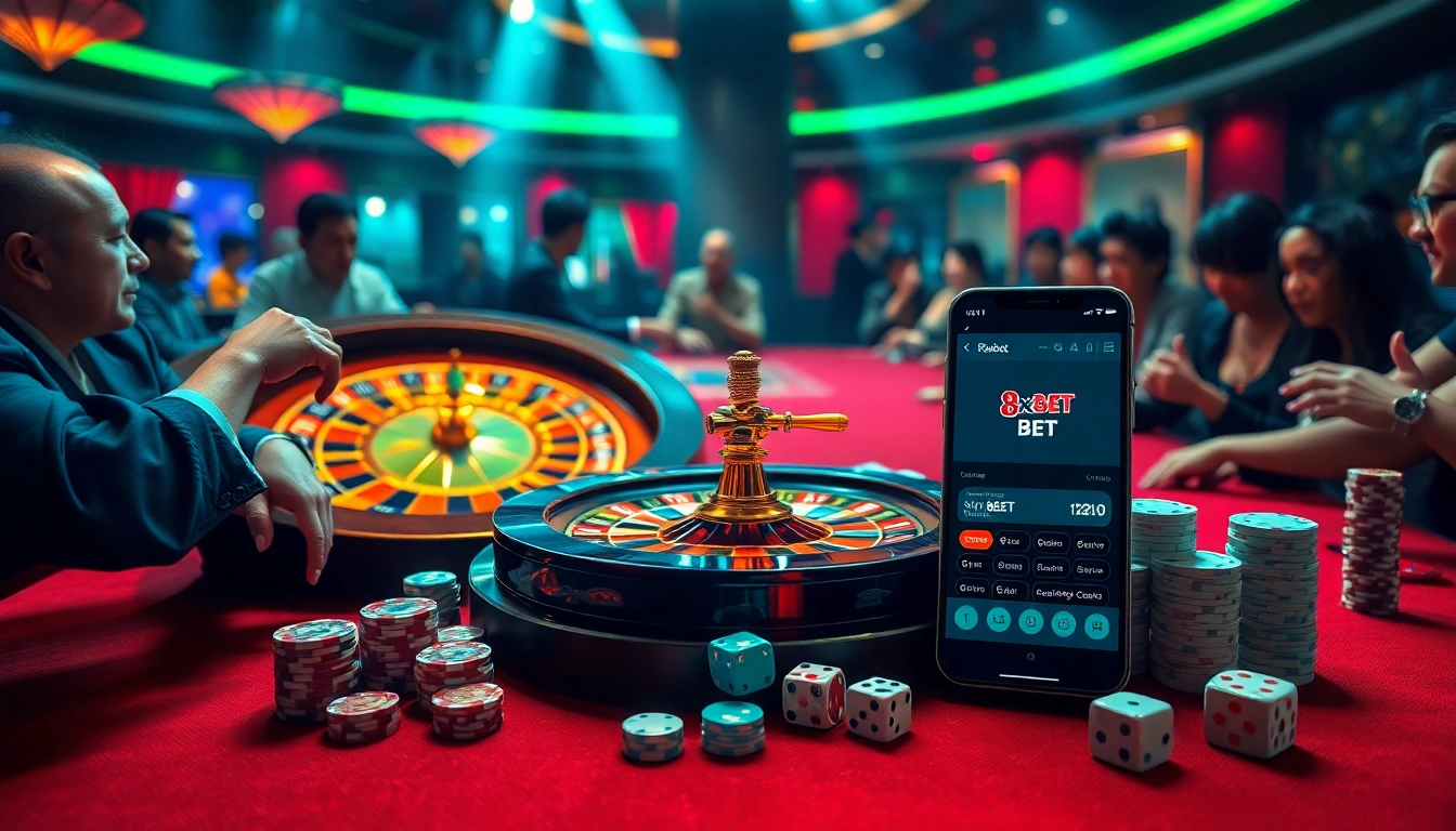 Tại app 8xbet displayed on a digital device among casino tables filled with players enjoying their gambling experience.