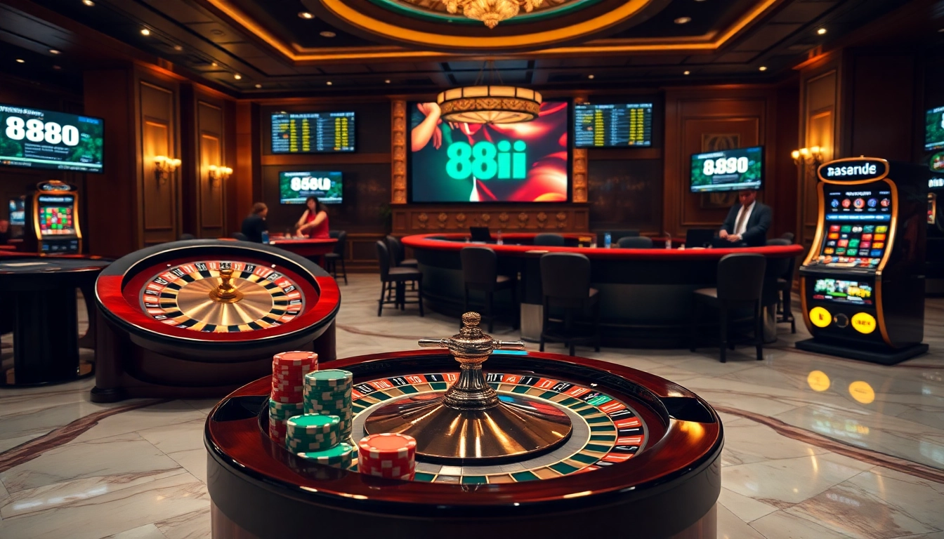 Players engaging in a high-stakes game at the 88i casino with vibrant poker chips and a roulette wheel.