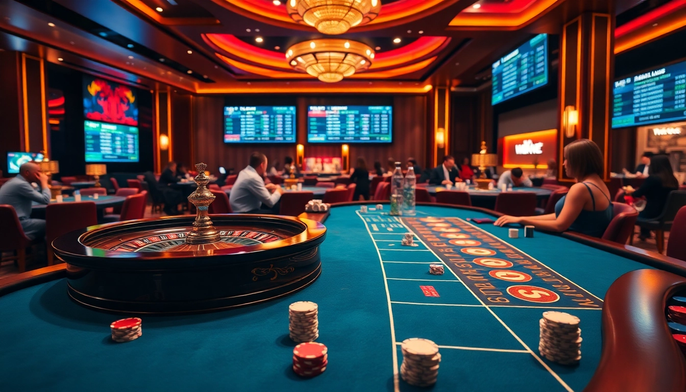 Experience the excitement of gambling at mk8th.net, featuring poker chips and a spinning roulette wheel.