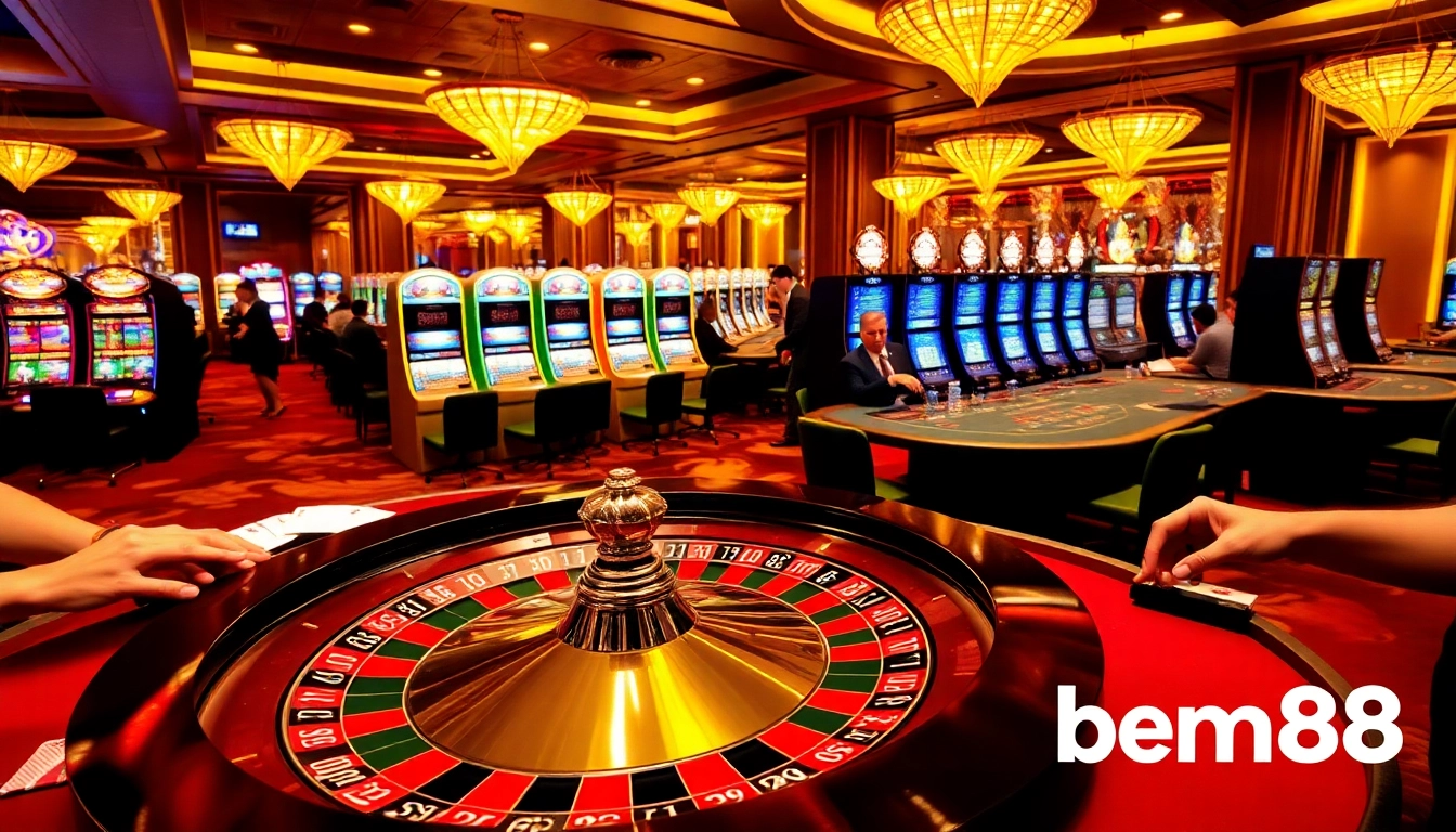 Players engage in thrilling betting at a bem88 casino, featuring a roulette wheel, poker chips, and vibrant slot machines.