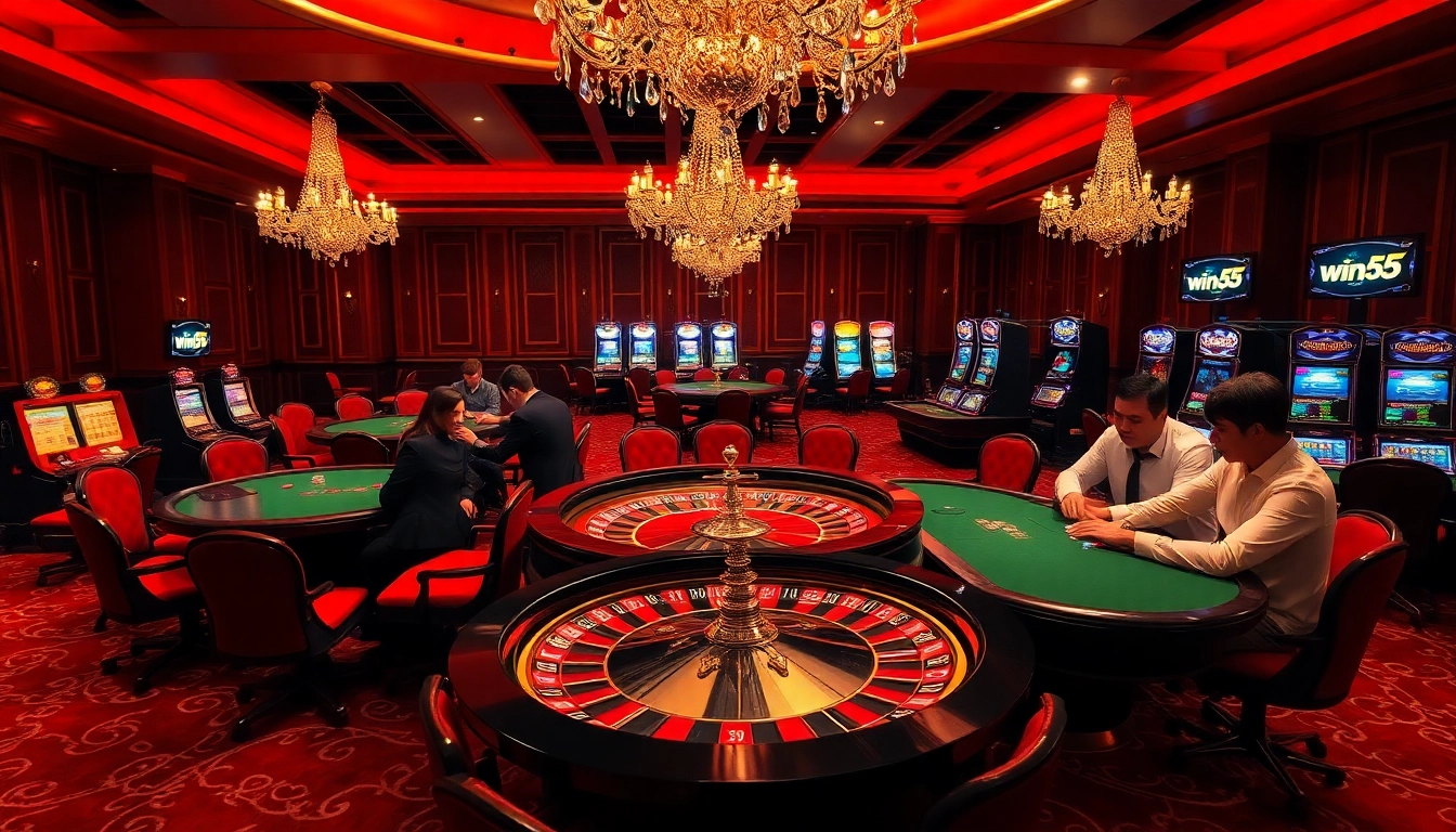 Experience the excitement of win55 at a luxurious casino table with engaging players and vibrant roulette wheel.