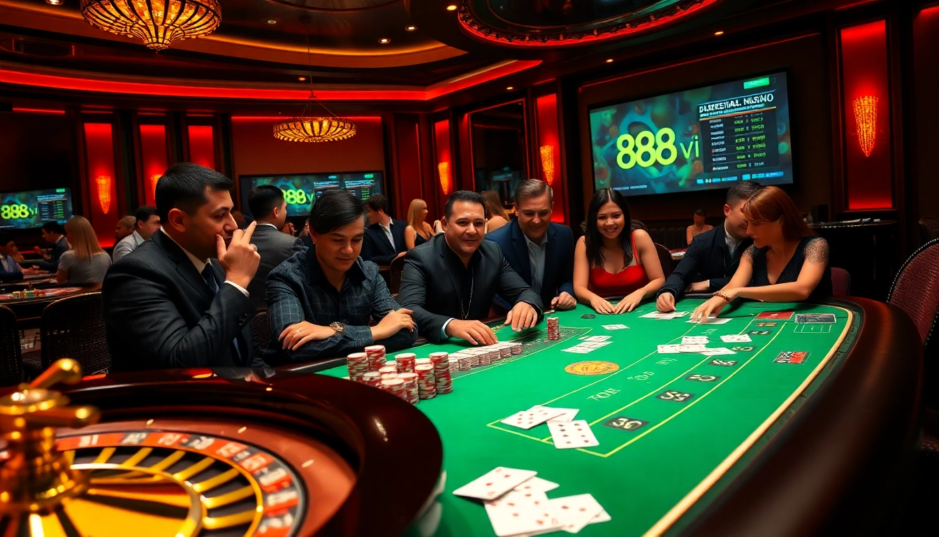 Engaged players at a luxurious table gaming experience with 888vi poker chips and cards showcasing excitement.