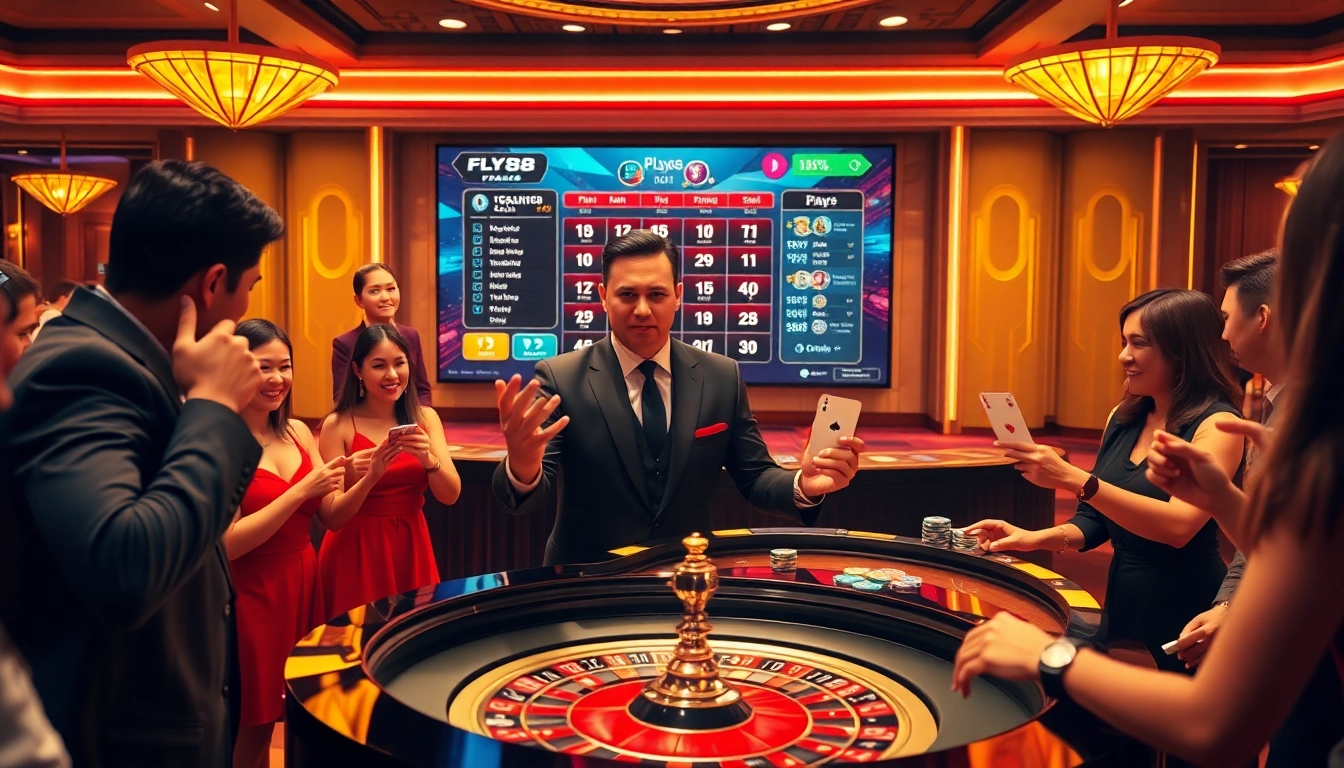 Engaging players enjoying the thrill of gambling at trang chủ FLY88, featuring roulette and poker elements.
