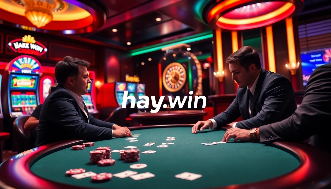 Experience high-stakes excitement at hay.win with vibrant casino visuals featuring poker and slot machines.