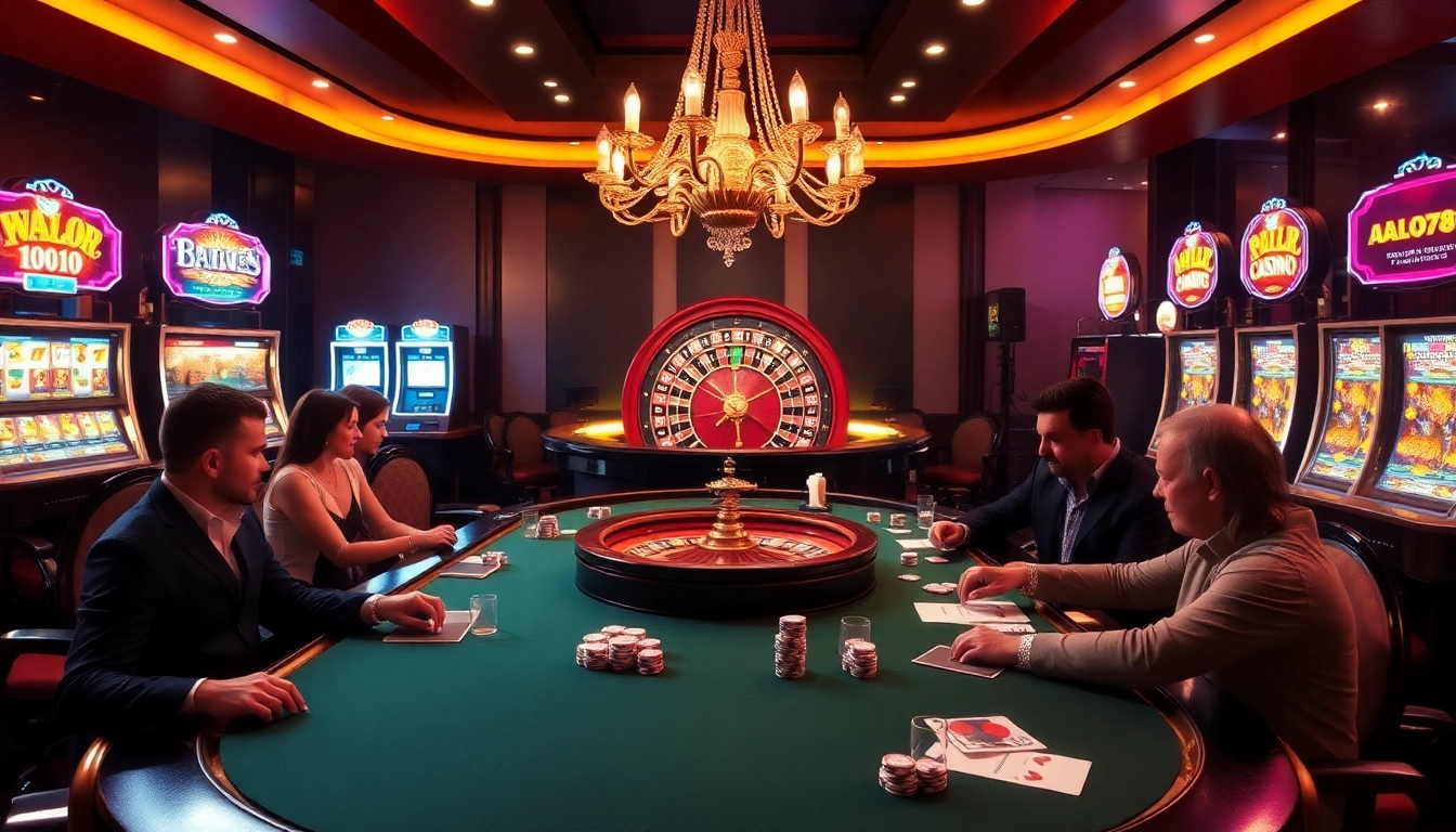 Exciting poker gameplay experience at ALO789 casino with vibrant lights and luxurious ambiance.