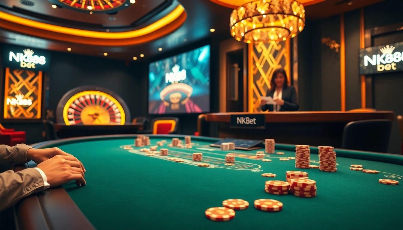Join the excitement of NK88 bet with players at a vibrant casino poker table.