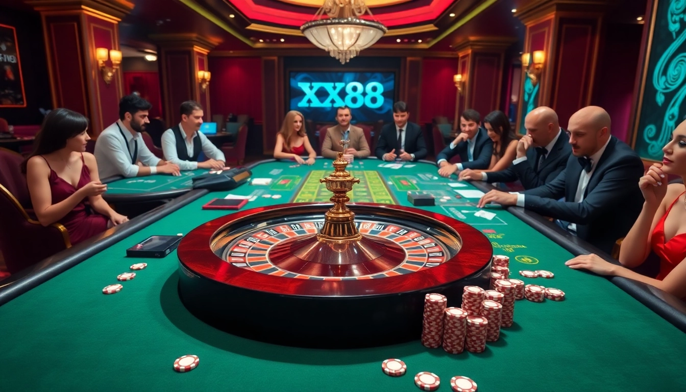 Experience excitement at XX88 casino tables with roulette, poker, and vibrant roulette wheels.