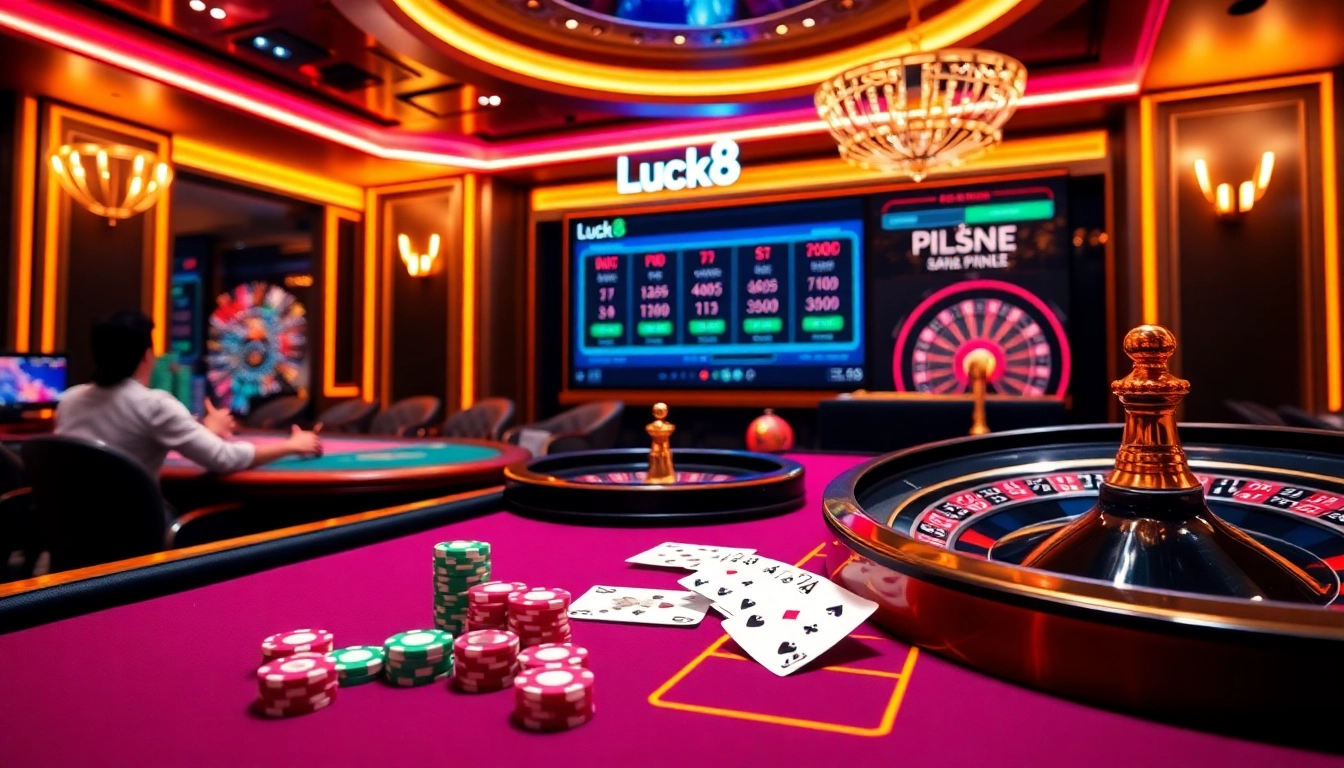 Luck8 players engaging in a thrilling live casino experience with vibrant gaming elements.