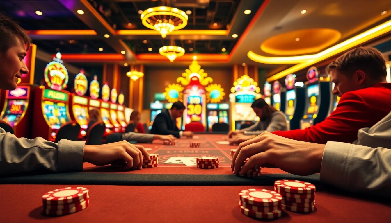 Experience the vibrant poker action at luckywin882 with colorful chips and illuminated slot machines.