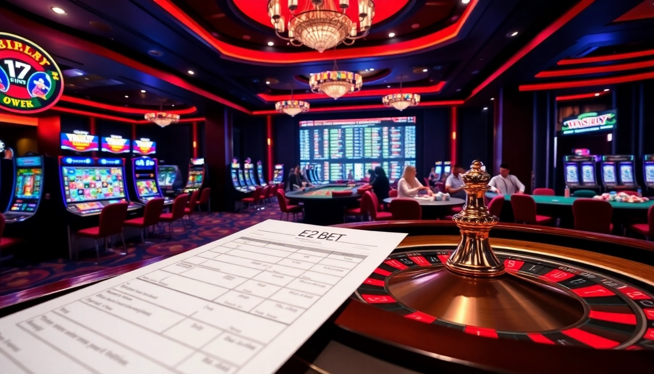 Engaging e2 bet casino scene with roulette table, slot machines, and excited players.