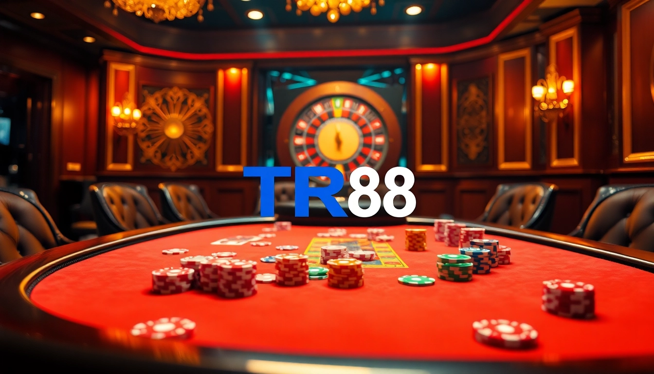 Engaging gamblers at a luxurious casino table featuring TR88-themed decor and roulette wheel.