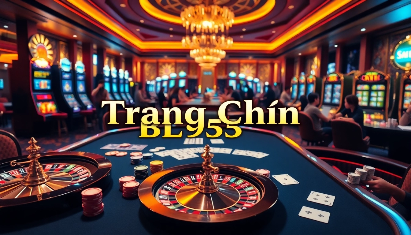Exciting gaming scene at trang chủ BL555 with vibrant tables, roulette, and casino players.