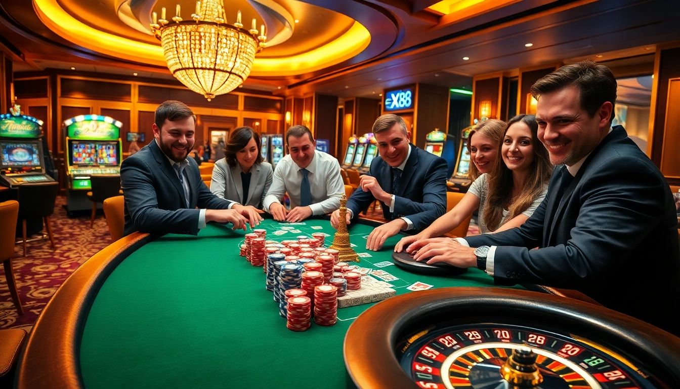 Players enthusiastically betting at a vibrant poker table themed around XX88 in a luxurious casino.